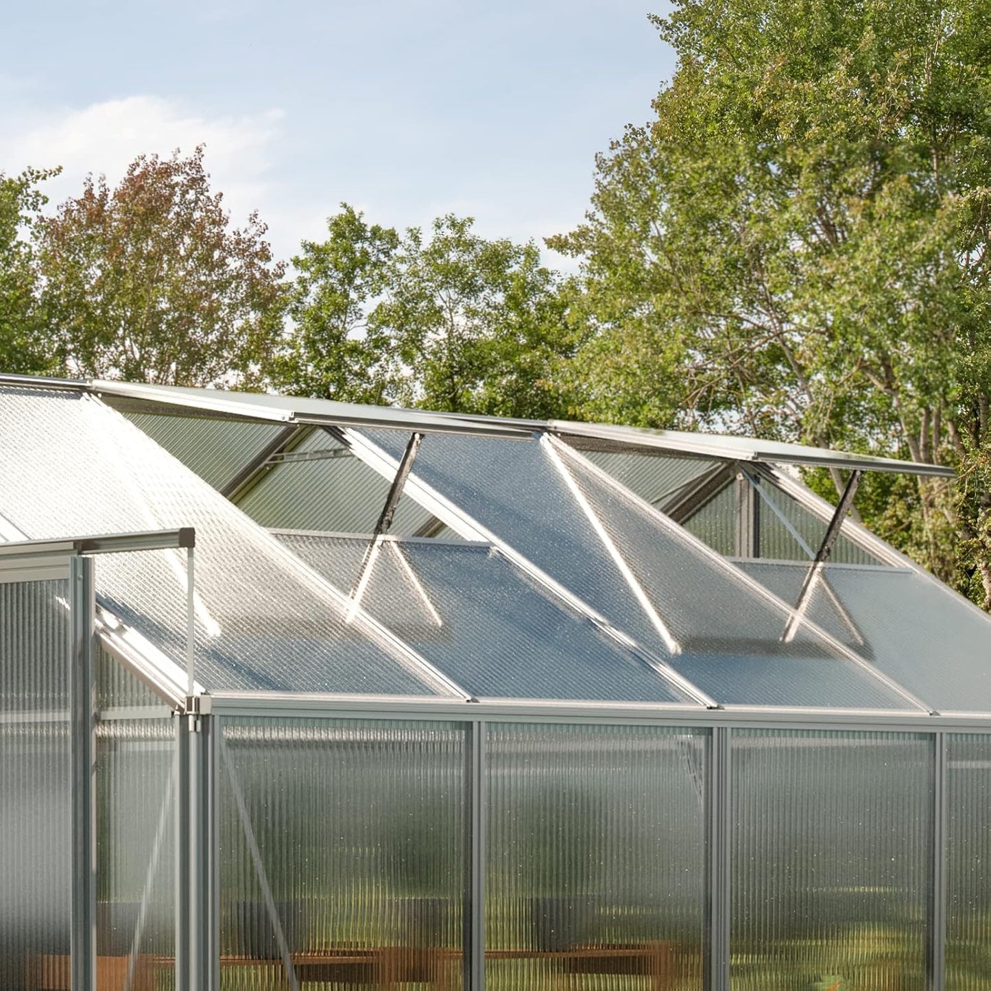 Greenhouse Saphir 4 Aluminum Frame 8.5 x 8.5 ft Approx. 8 mm Polycarbonate Panels - with Bonus Base Frame and Automatic Vent Opener