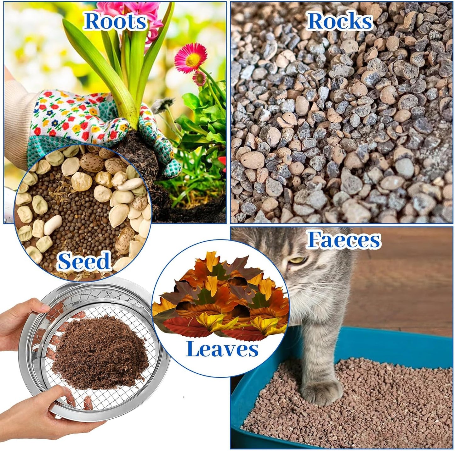 Multi-Purpose Soil Sifter for Gardening Stainless Steel 9.44”, 5 Pcs Stainless Steel Soil Sieve Mesh (1,3,6,9,12mm), Stackable Sifting Screen Pan for Bonsai Sand Rock Dirt Compost Sifter