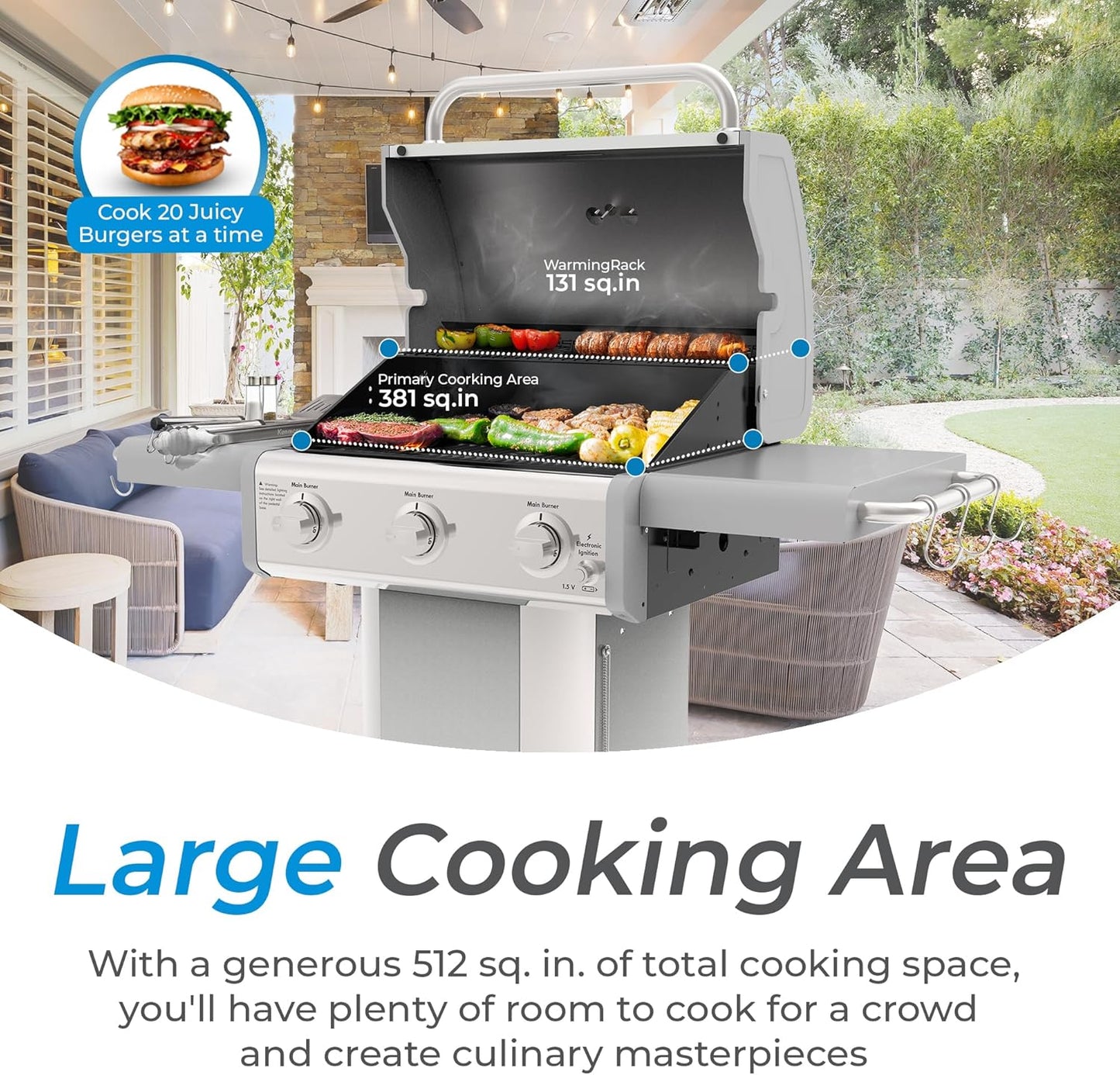 Kenmore 3-Burner Propane BBQ Grill, 30,000 BTUs Gas Grill with Cast Iron Cooking Grates, Folding Side Tables & Wheels, Outdoor Grill with Tool Hooks, Pearl White + Bonus Cover
