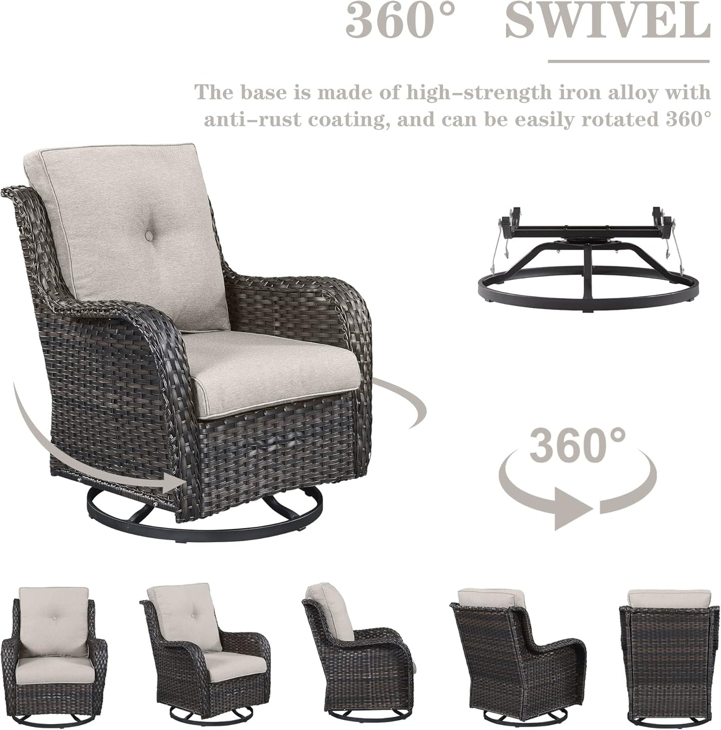 5 Pieces Patio Wicker Furniture Set - 4 Outdoor Swivel Rocker Glider Chairs with 50000BTU Propane Fire Pit Table, Patio Conversation Set Beige Cushion Perfect for Casual Gathering