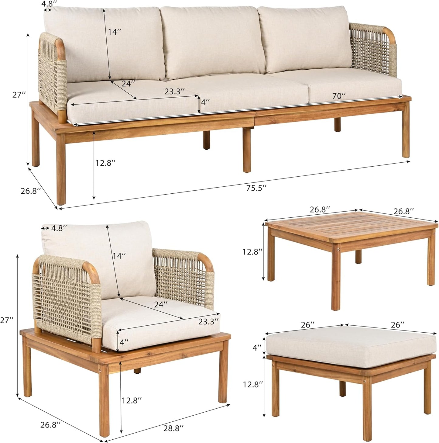 5-Piece Acacia Wood and Rope Patio Sofa Set, Outdoor Conversation Set with Acacia Wood Coffee Table and Ottoman, 2 Club Chair for Backyard Porch Garden Balcony