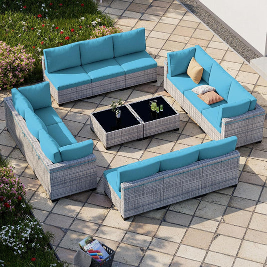 14-Piece Patio Furniture Set, Outdoor Sectional with Thick Cushions, Modular Patio Sofa, Dual-Strand Wicker Rattan, Rust-Resistant Frame, Backyard Furniture for Garden, Deck, Lake Blue