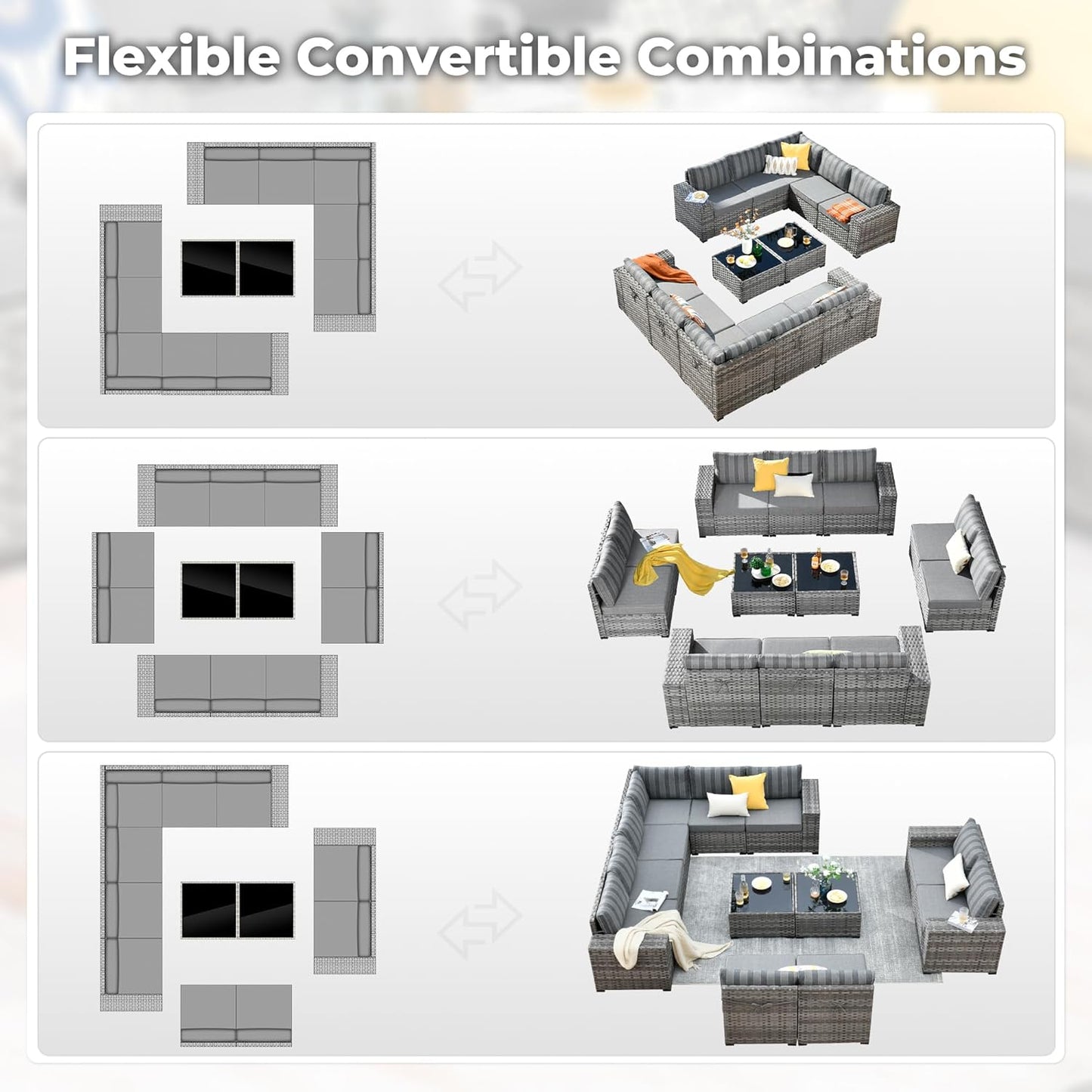 ovios 12 Pieces Patio Furniture Set, Outdoor Wicker Sectional Sofa with Glass Table Comfy Cushions, Modern Modular Deep Seat Couch Rattan Conversation Set, Dark Gray Stripe