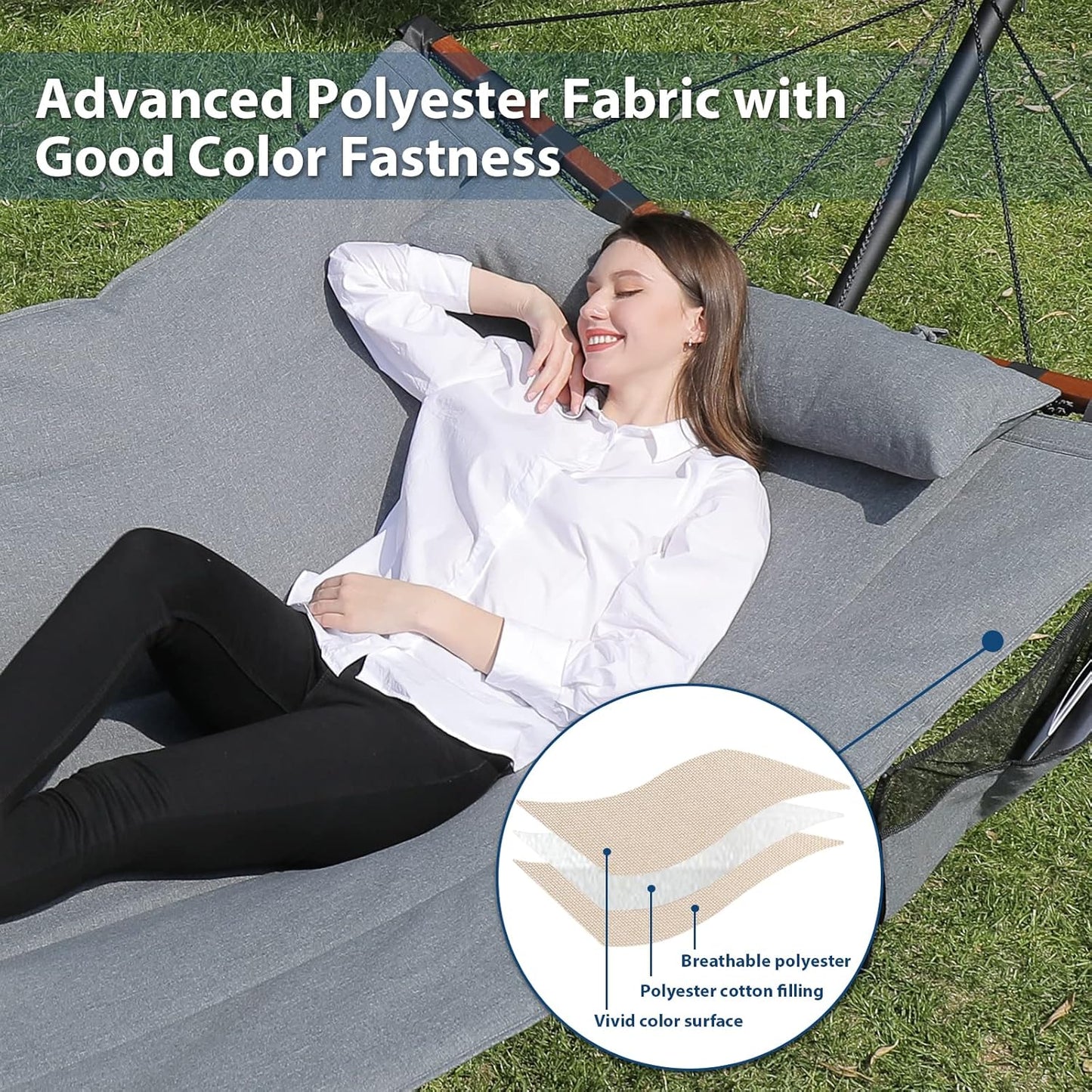 TegerDeger 12FT 2 Person Hammock with Stand Included 55 x 79IN Large Hammock 450LB Capacity with Hardwood Spreader Bar & Nylon Rope for Outside, Patio, Garden, Backyard, Beach, Poolside - Gray