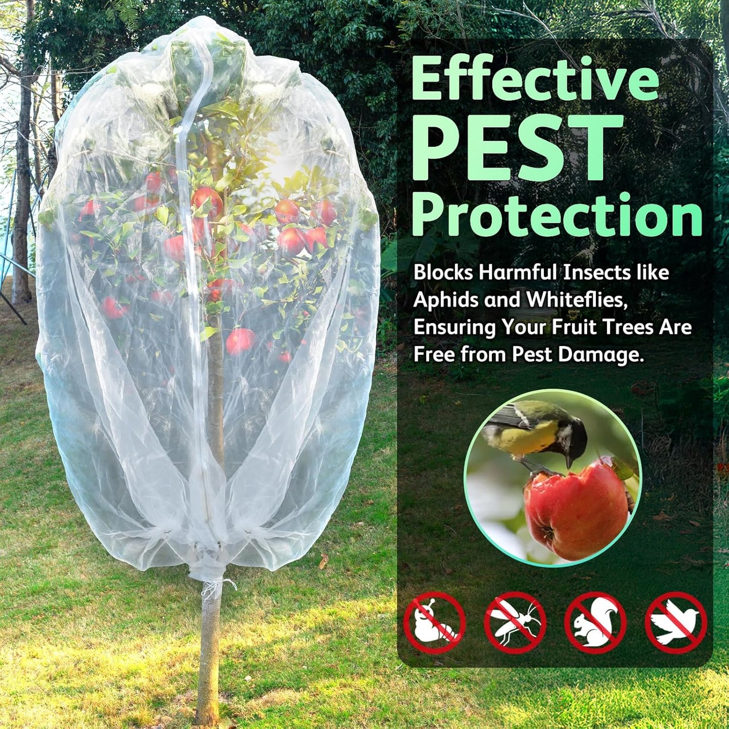 JOJOLEE Fruit Tree Netting for Garden Protection, 1Pc 7.8 x 7.8FT Insect Bird Nettings with Zipper and Drawstring, Plant Cover Mesh Net Bags for Blueberry Bushes, Tomatoes, Flowers