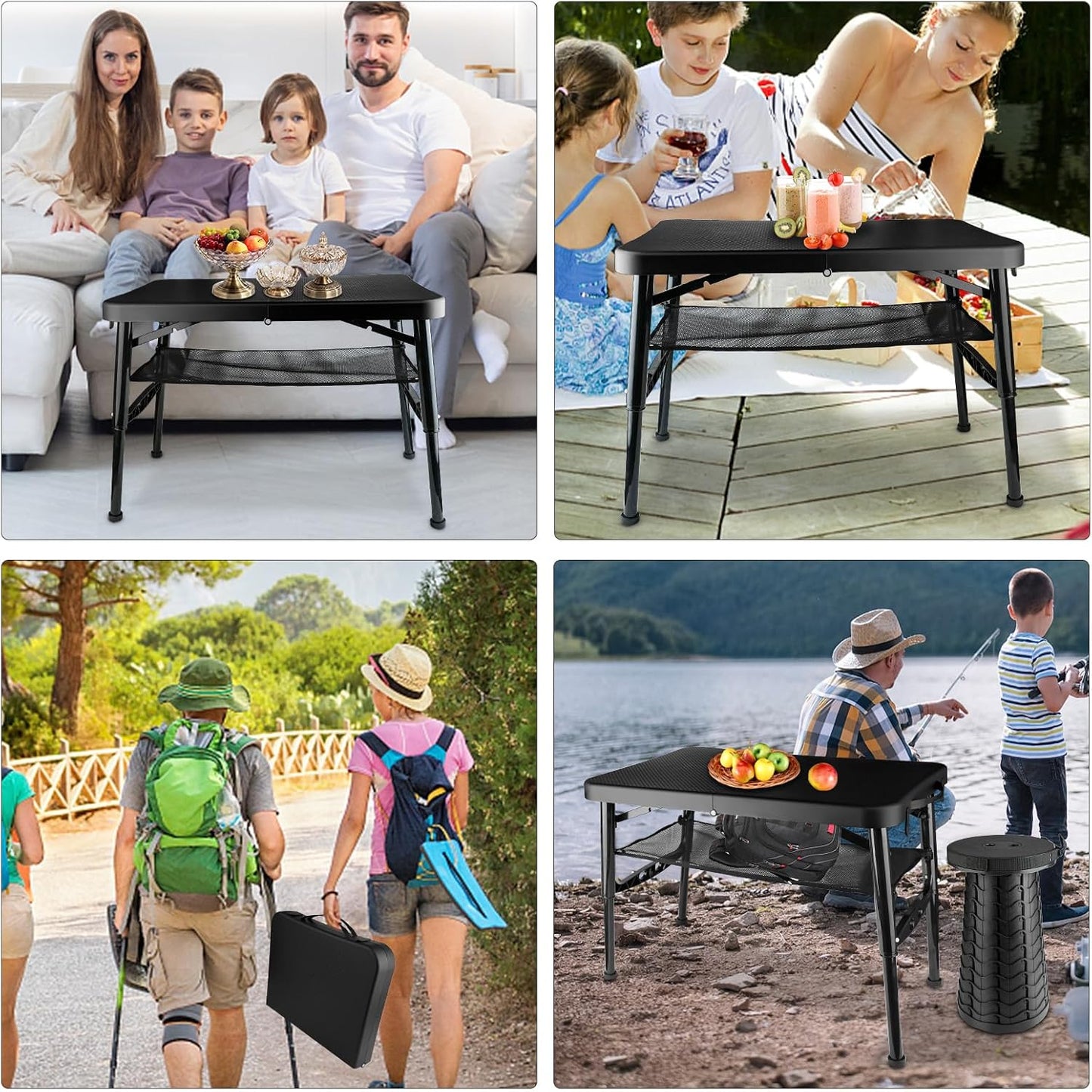 Folding Table and Stool, Small, Black, 4 Foot Outdoor Portable Table, Adjustable Height, Camping, Picnic, RV Table, 55lbs Load-Bearing, Lightweight