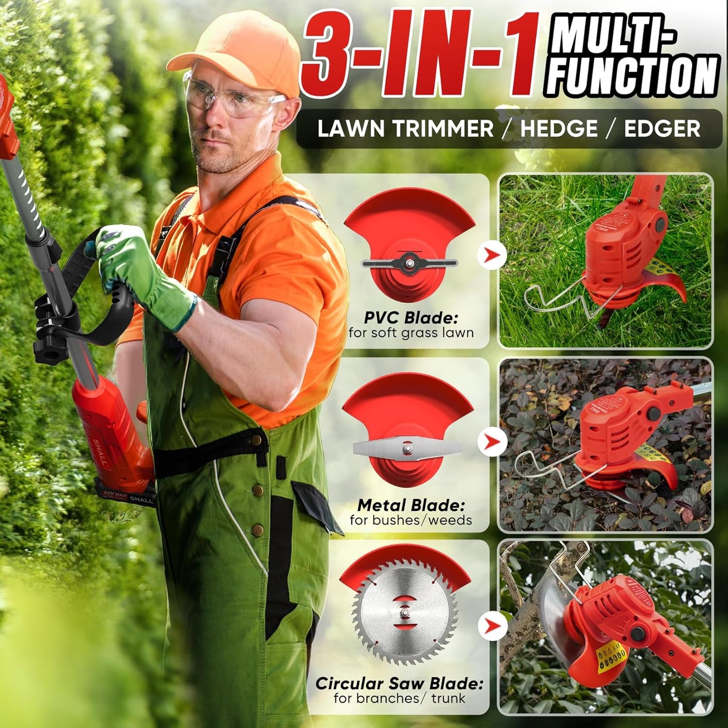 SHALL 24V Cordless Weed Wacker, 3-in-1 Electric Weed Eater Grass String Trimmer Edger, Telescopic Brush Cutter, 2 x 1.5Ah Battery Powered Lawn Mower with 3 Types Blades & Wheels for Yard Garden