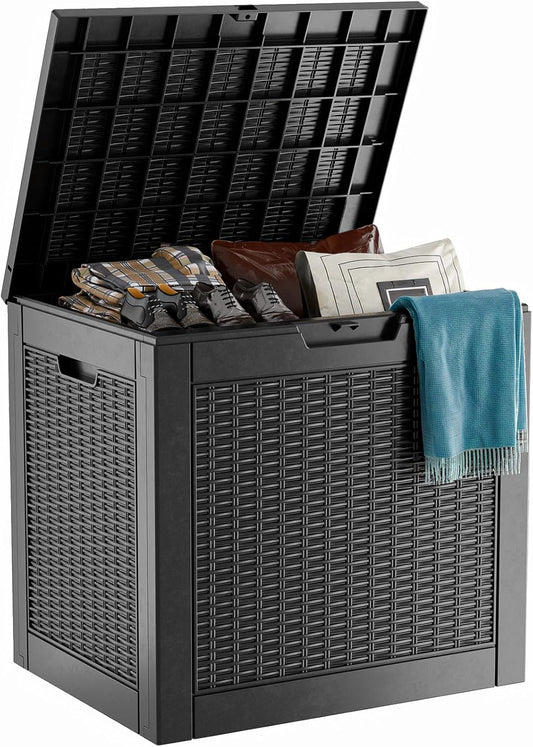 30 Gallon Wicker Pattern Resin Deck Box, Lockable Patio Outdoor Storage Box for Furniture, Garden Tools and Tools Storage, Waterproof Outside Storage Box - Black Rattan