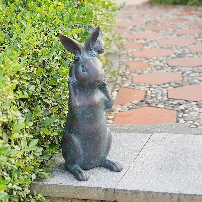 Rabbit Garden Statues Bunny Decorations - Easter Bunny Father with Baby Figurine Easter Gift Dark Gray Garden Spring Bunny Sulpture for Yard Framhouse Outdoor Décor 7*5.25*15.25 in Newman House Studio