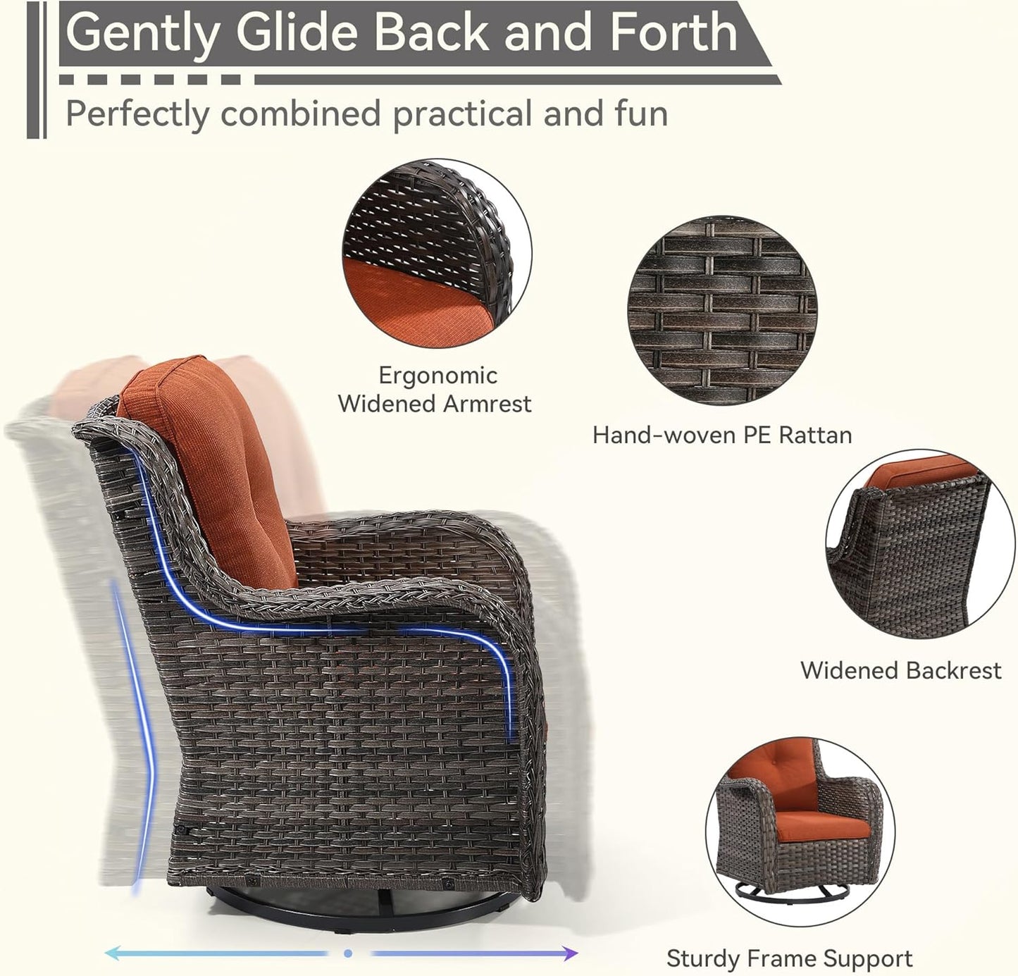 3 Pieces Outdoor Furniture Set - Patio Wicker Swivel Rocker Chair Set of 2 and 1 Side Table, Orange, Mixed Brown Rattan, Suitable for Porch, Yard