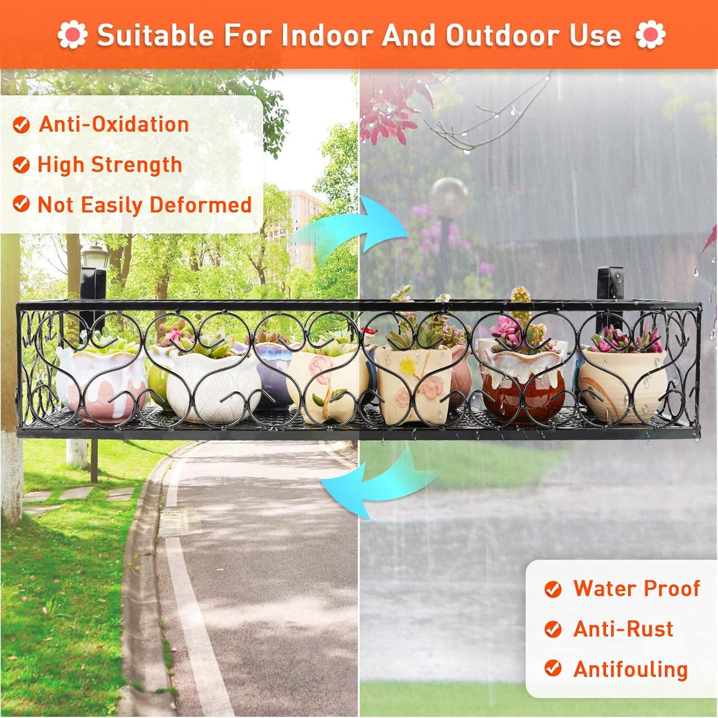 Balcony Flower Pot Stand Rack Patio Railing Shelf Plant Pots Holder Windows decorate (L, Black)