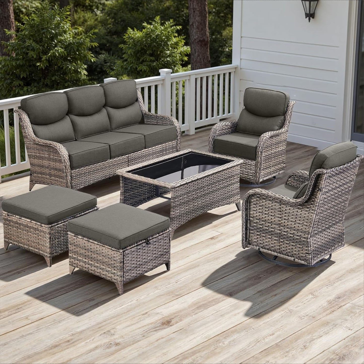Wicker Outdoor Patio Furniture Set - 6 Piece Patio Conversation Sets with Swivel Rocker Chairs, Ottomans, Sofa and Coffee Table, 6 inch Cushions, Deep Seating, for Porch Deck Mixed Grey/Grey