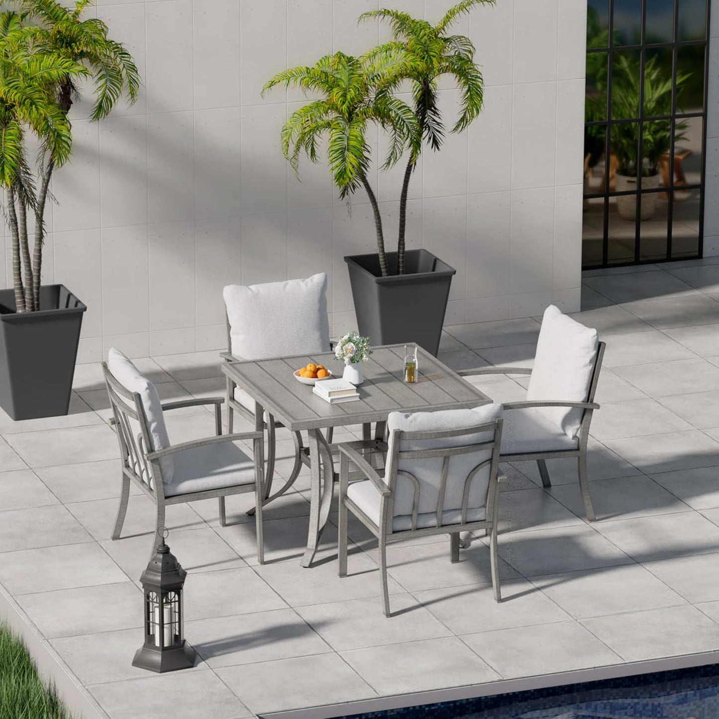 HAPPATIO Square Outdoor Dining Table - Patio Aluminum Slat Dining Table with 2.2" Umbrella Hole, 4 Person Dining Table for Garden, Backyard and Poolside