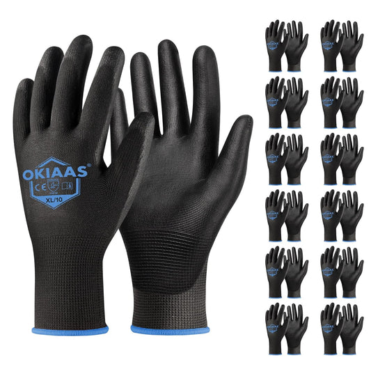 OKIAAS Work Gloves for Men，Ultra Thin and Lightweight Working Gloves with Grip, 12 Pairs Bulk Pack Construction Gloves with Polyurethane Coating for Light Duty Work (Black, X-Large)