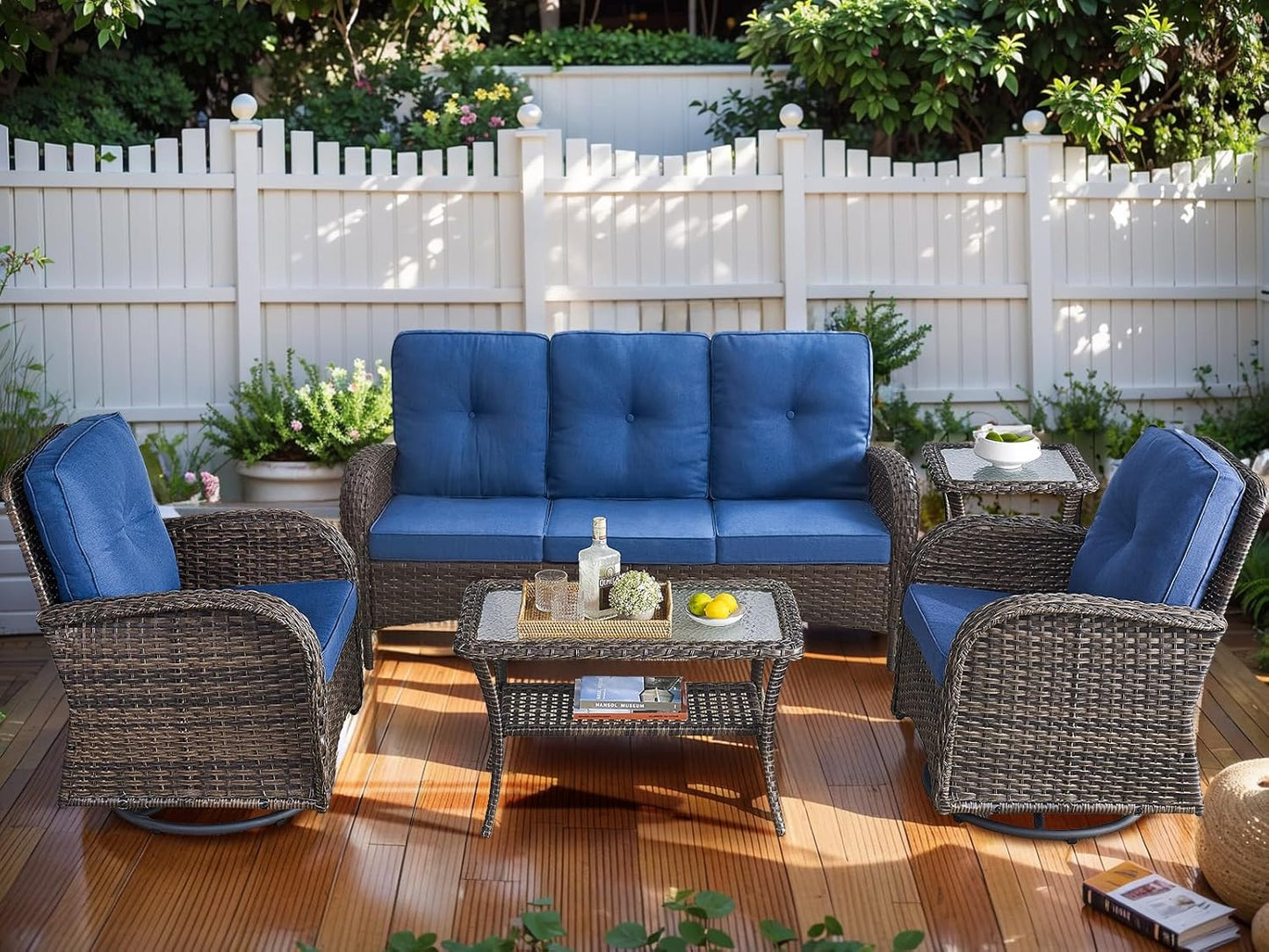 HUMMUH 5-Piece Patio Furniture PE Wicker Outdoor Conversation Set,All-Weather Rattan Swivel Rocker Chairs with Outdoor Couch Tables for Backyard,Poolside,Deck