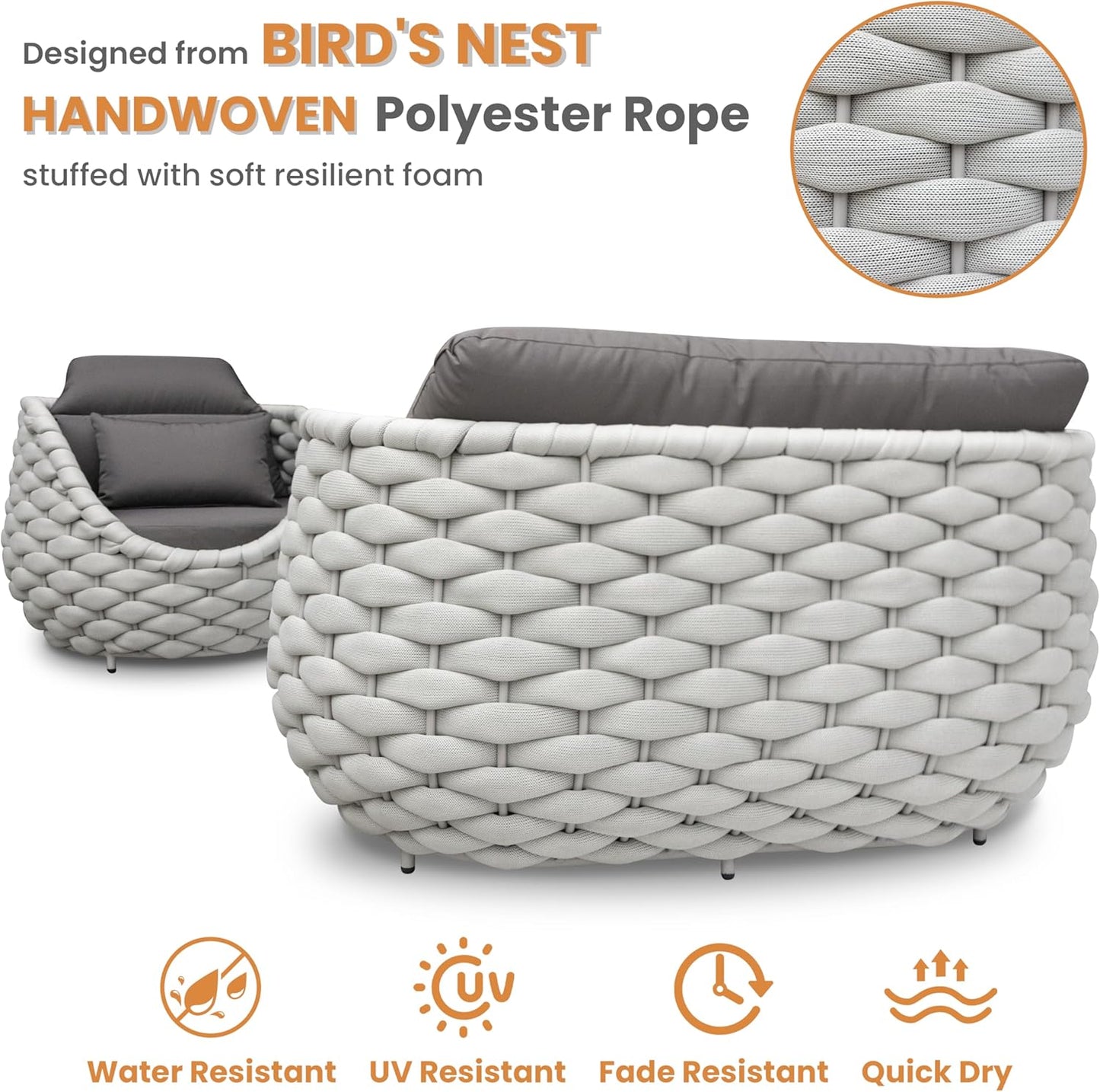 Aluminum Outdoor Seating Set: 5 Pieces Woven Rope Patio Furniture Conversation Set - Modern Deck Loveseat Set Cushioned - Assembled Metal Porch Lounge Set for Yard Garden Lanai Hotel Resort Pool