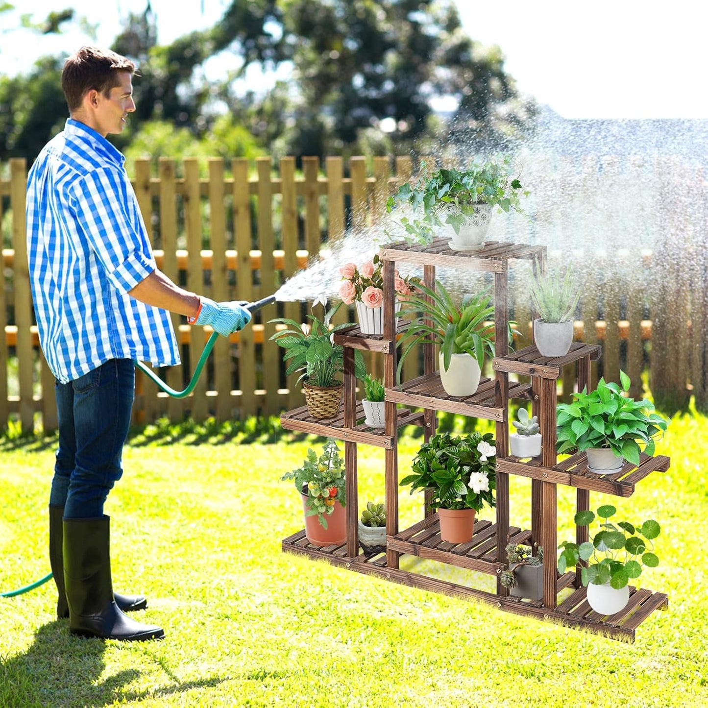 COSTWAY 6-Tier Multifunctional Wood Flower Stand, Shelf Holder for Multiple Plants, Freestanding Plant Rack for Garden, Patio, Balcony, Living Room, Indoor, Outdoor