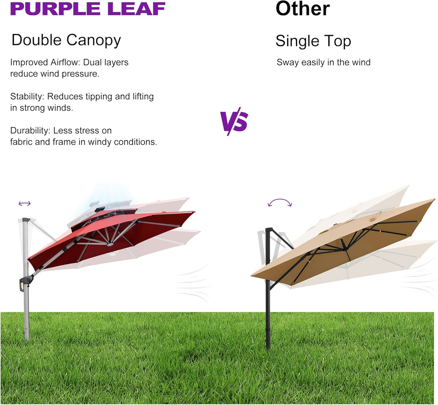 PURPLE LEAF 10ft Solar powered LED Patio Umbrella Outdoor Round Umbrellas Large Cantilever Umbrella with LED lights Windproof Offset Umbrellas Heavy Duty Sun Umbrella for Garden Deck Pool Patio, Terra