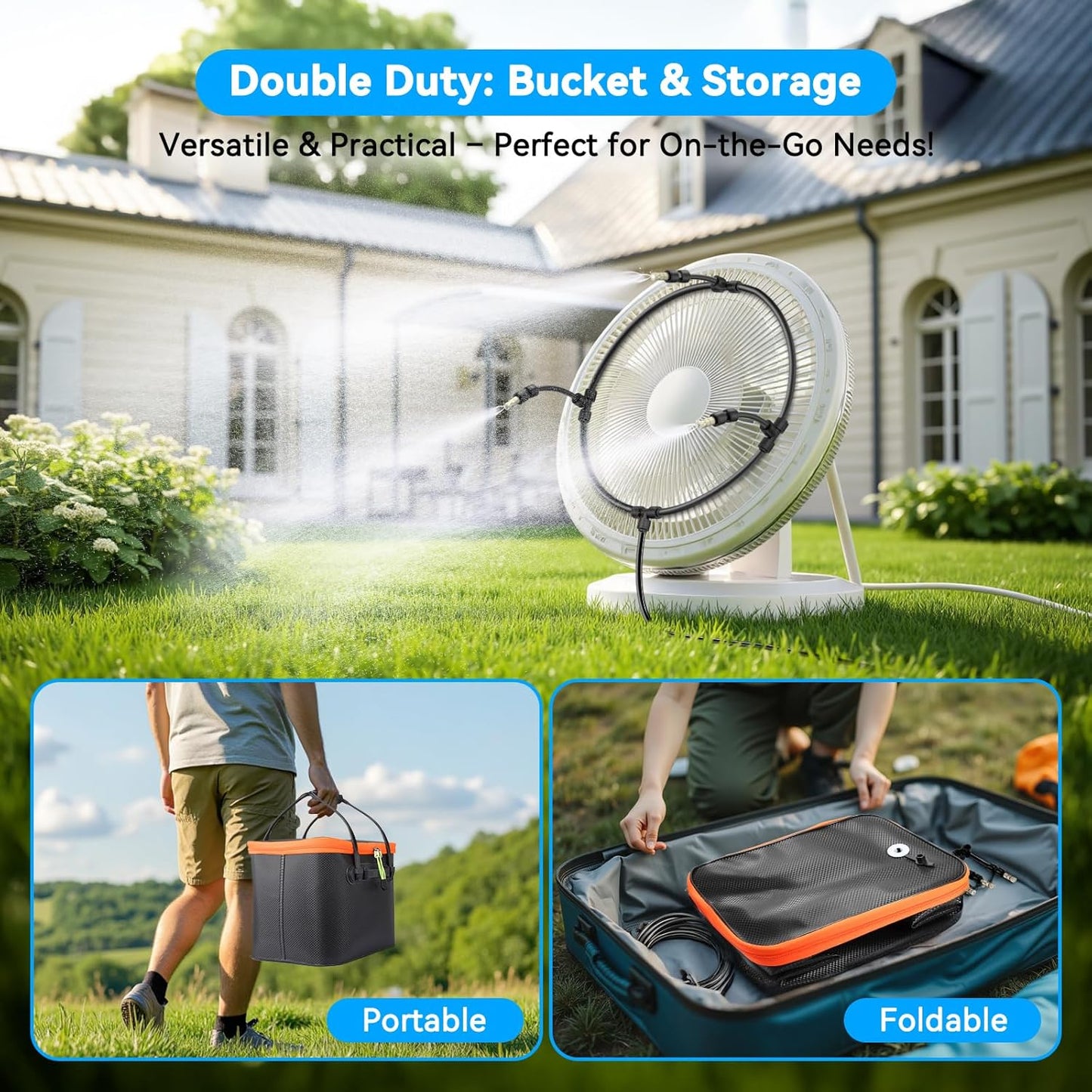 Ausic Portable Misting Systems, Outdoor Water Cooling Misters Set with 6000mAh Water Pump, 20L Bucket, 26FT (8M) Hose, 6*Nozzles, 10*Clips/Ties for Patio/Umbrella/Pasture/Greenhouse/Canopy/Camping