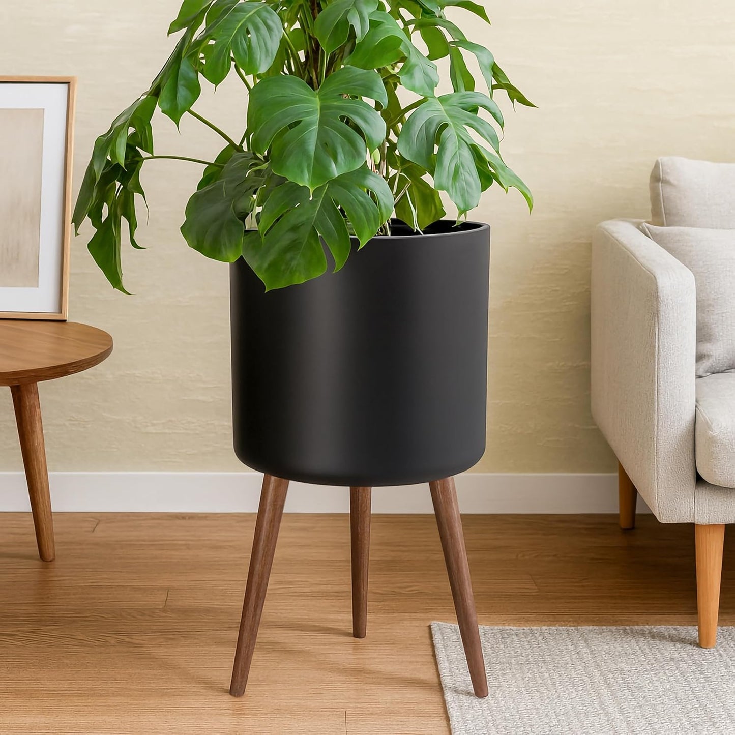 D'vine Dev 16 Inch Planter Pot with Stand, Mid-Century Tall Plant Pot with Legs for Indoor Plants, XX-Large, Black, 88-O-E-2
