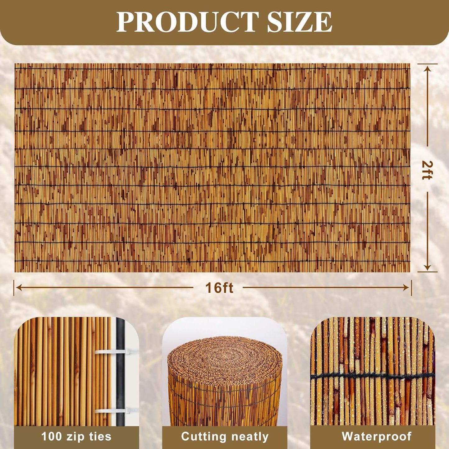 Bamboo Fencing–Handwoven,Bamboo Wall Panel Outdoor Privacy Reed Screening for Garden,Balcony,Backyard,Patio,2ftx16ft