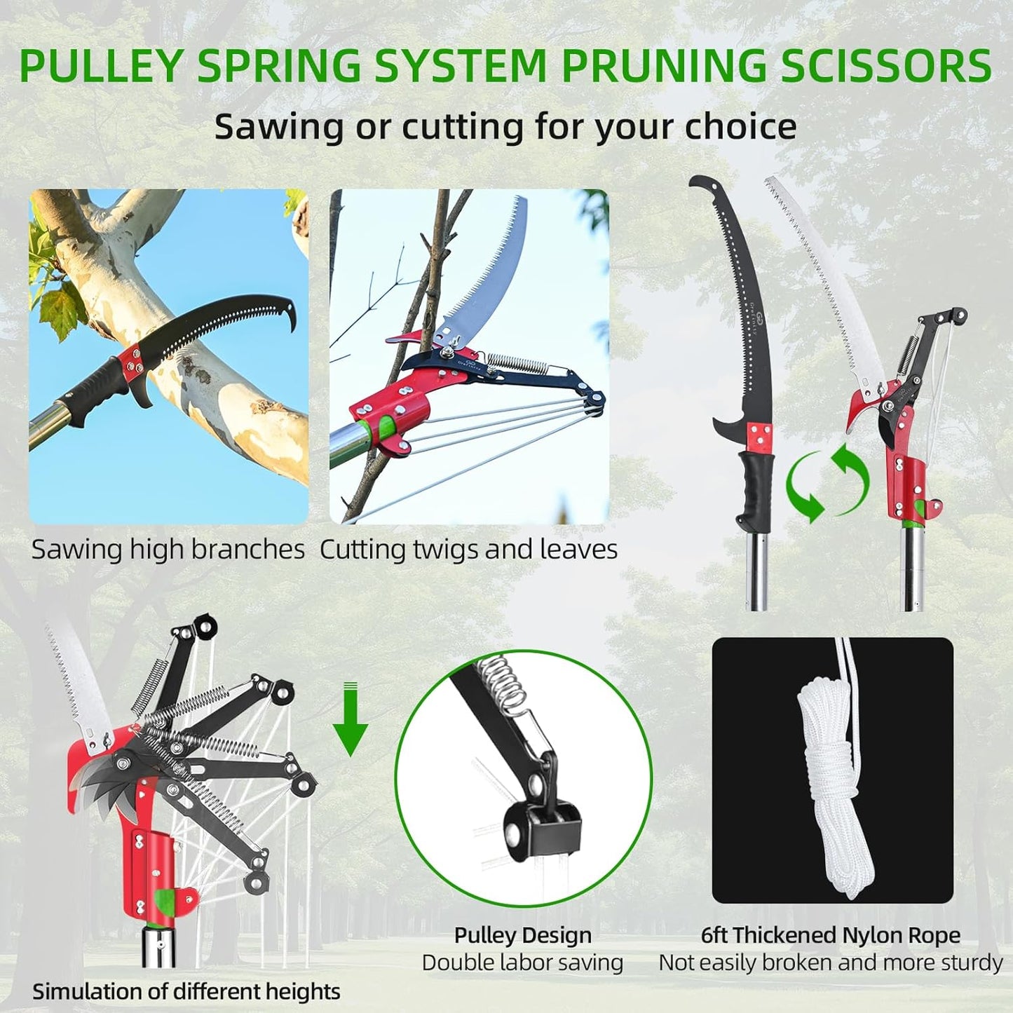 27FT Manual Pole Saw, Tree Branch Trimmer with 8-Section Fiberglass Handle, Sharp Steel Blade and Scissors, Lightweight Extendable Design for High Branch Trimming, Ideal for Palms and Shrubs