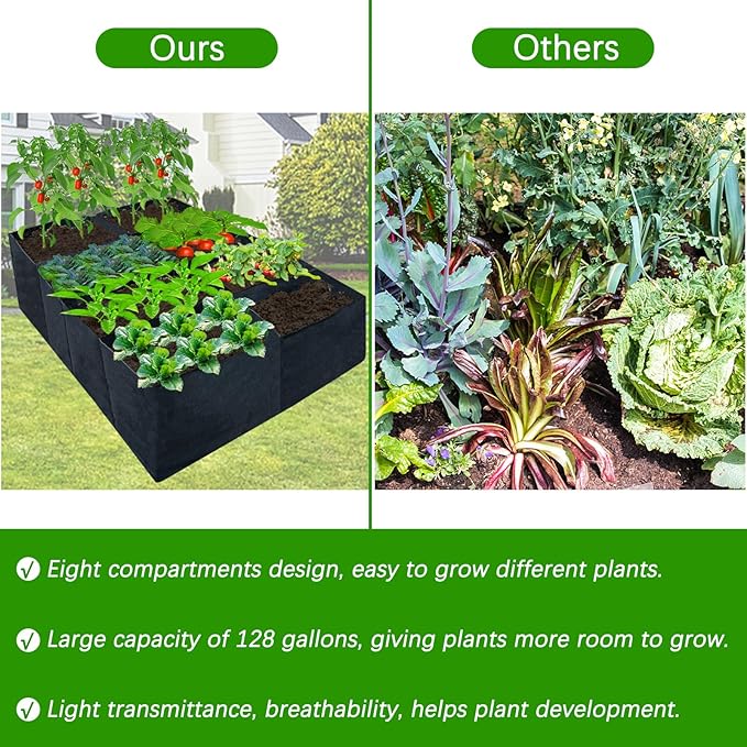2 Pack 6x3x1ft Fabric Raised Garden Beds,128 Gallon 8 Grids Rectangle Plant Grow Bags,Durable Outdoor Gardening Planting Container Planter Pot for Growing Herbs Flowers Vegetables Potatoes Chillies