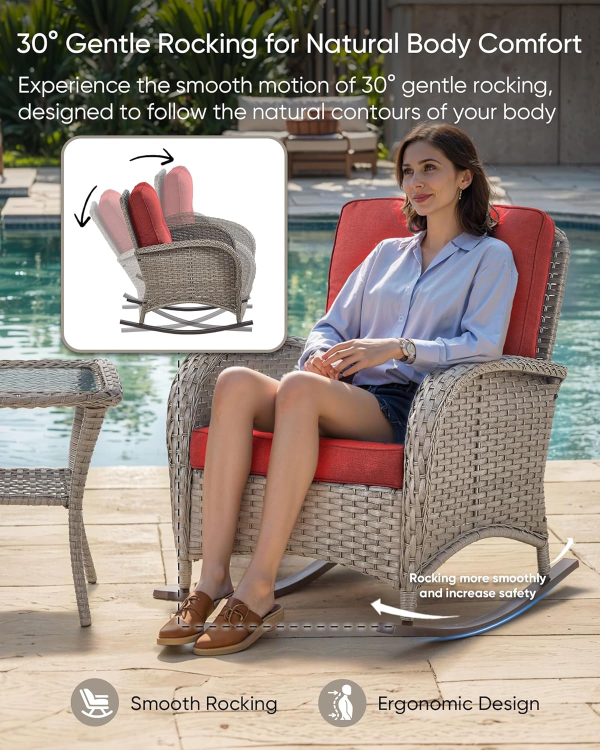 HUMMUH Outdoor Bistro Set-High Back Outdoor Rocking Chair with Side Table Patio Table and Chairs Set for Deck Lawn Porch Balcony Poolside-Grey/Red