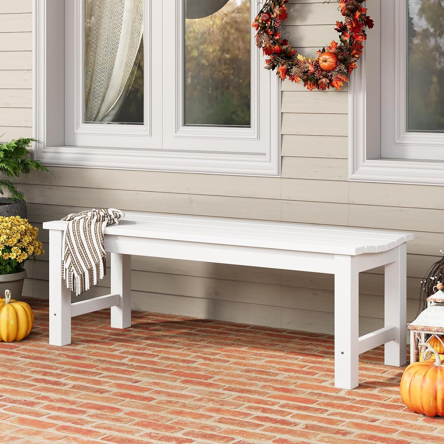 Outdoor Bench, 2-Person Patio Backless Bench Holds up to 800lbs, Weatherproof Garden Bench That Never Rot and Fade, Suit for Backyard, Porch, Patio, Deck and Entryway (White)