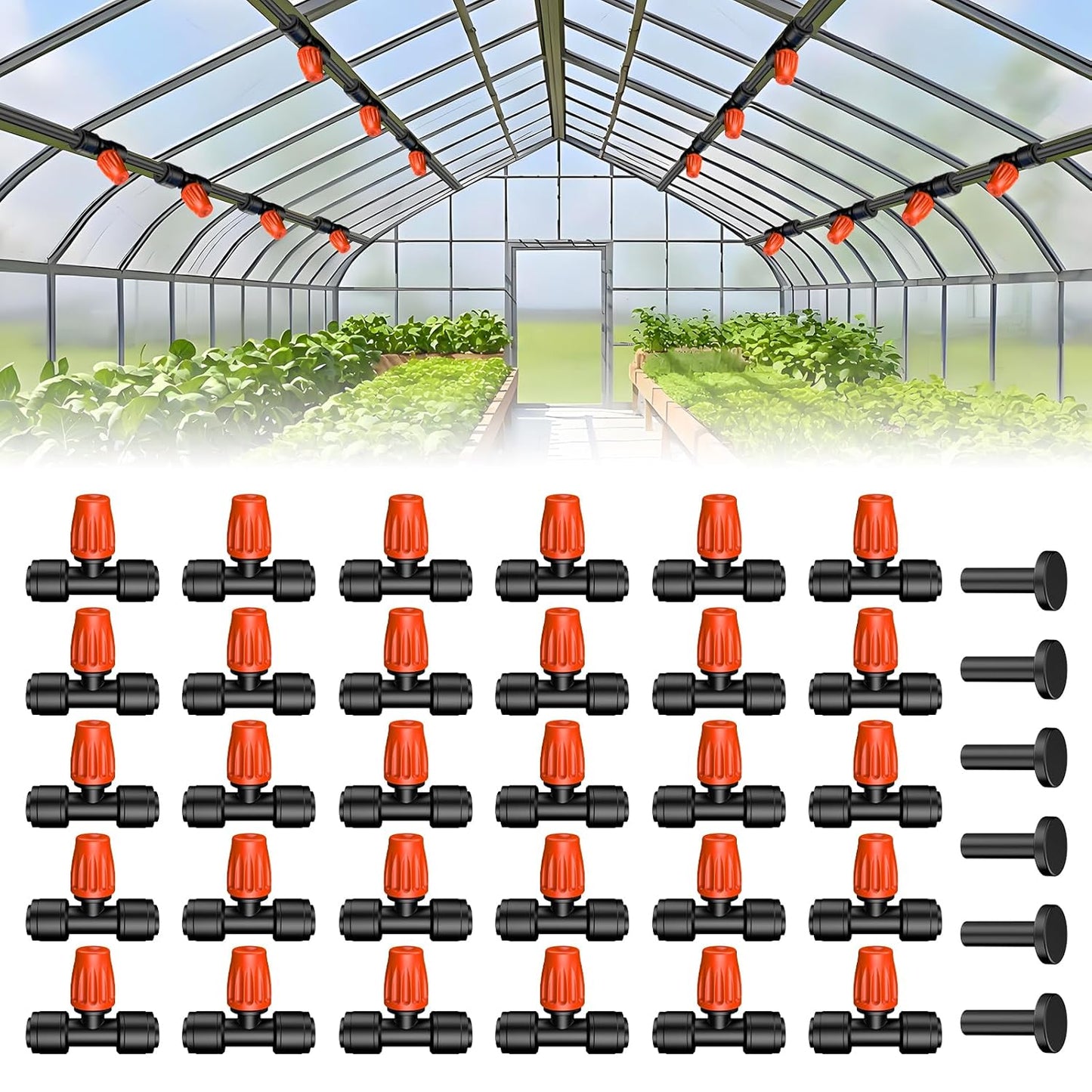 Pawfly 30 Pcs Push-to-Fit Drip Irrigation Spray Emitters for 1/4 Inch Tubing, Tee Misting Atomizing Nozzles Micro Sprayers with Adjustable 360 Degree Water Flow, Irrigation Drippers with End Plugs