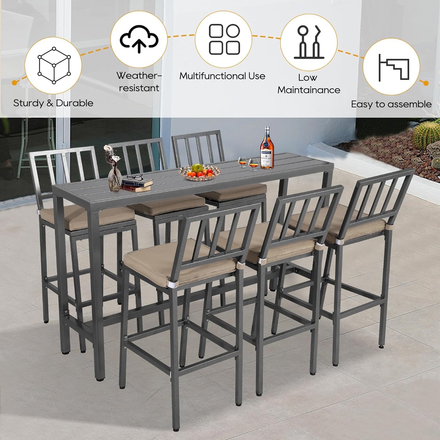 Outdoor Patio Bar Set, Bar Height Patio Dining Set, Weather-Resistant Bistro Counter Pub Set with Cushions & Slatted Tabletop for Backyard (Gray, 63" Table, 6 "I Style Stool)