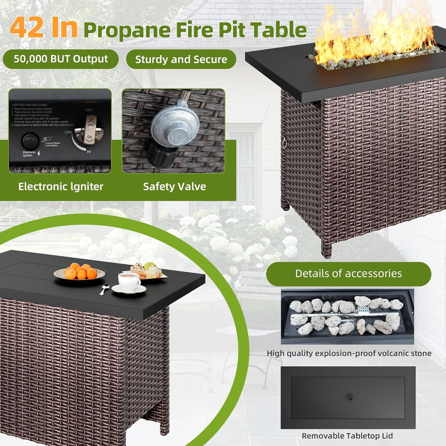 Outdoor Patio Sectional Sofa Set, 6-Piece Rattan Furniture, Patio Conversation Sets with Fire Pit, Seats 7, Light Grey