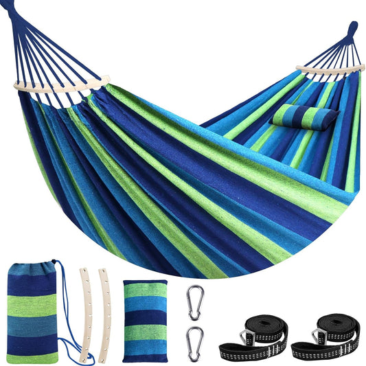 Chihee Cotton Hammock Large Soft Breathable Camping Hammock Holds Up to 660lbs Portable Tree Hammock with Detachable Spreader Bar Pillow 2 Strong Webbings 2 Carabiners Patio Garden Indoor Outdoor