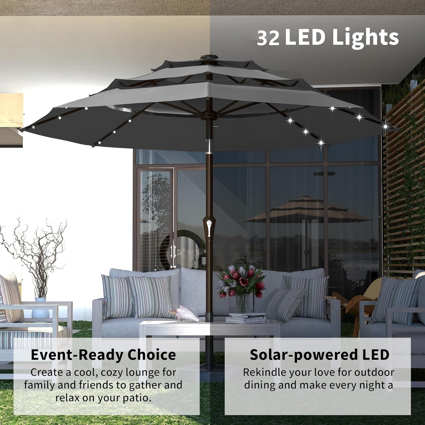 Kingdura 9ft 3-Tier Patio Umbrella with Solar Lights, Table Umbrella Outdoor Patio with Easy Crank & Tilt, 8 Sturdy Ribs, UV Protection, 32 LED Lights for Deck, Poolside, Market (Grey)