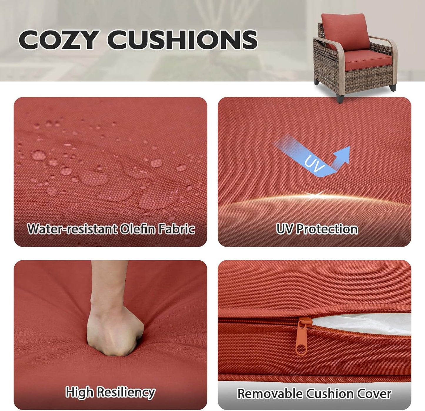 EAGLE PEAK Modern Wicker Outdoor Chair, Patio Chair Curved Armrest, Rattan Patio Furniture for Yard Deck Porch Garden, 1 Chair, Brown/Red