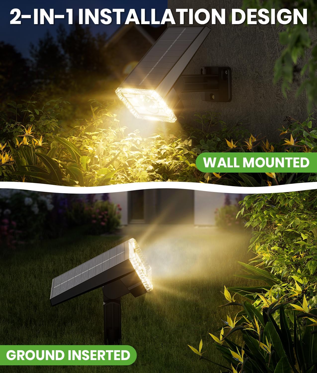 Solar Spot Lights Outdoor Waterproof IP67, 58 LED 3 Lighting Modes Solar Flood Lights, 2-in-1 Wall Light for Tree Yard Garden Pathway (Warm White, 1 Pack)