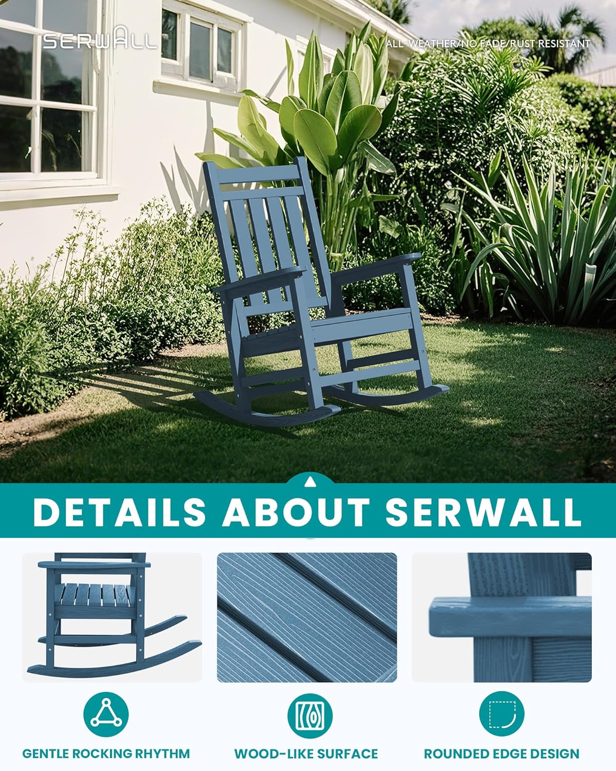 SERWALL HDPE Outdoor Rocking Chair Set of 6, Patio Rocking Chairs for Adults, All Weather Outdoor Rockers for Lawn, Blue