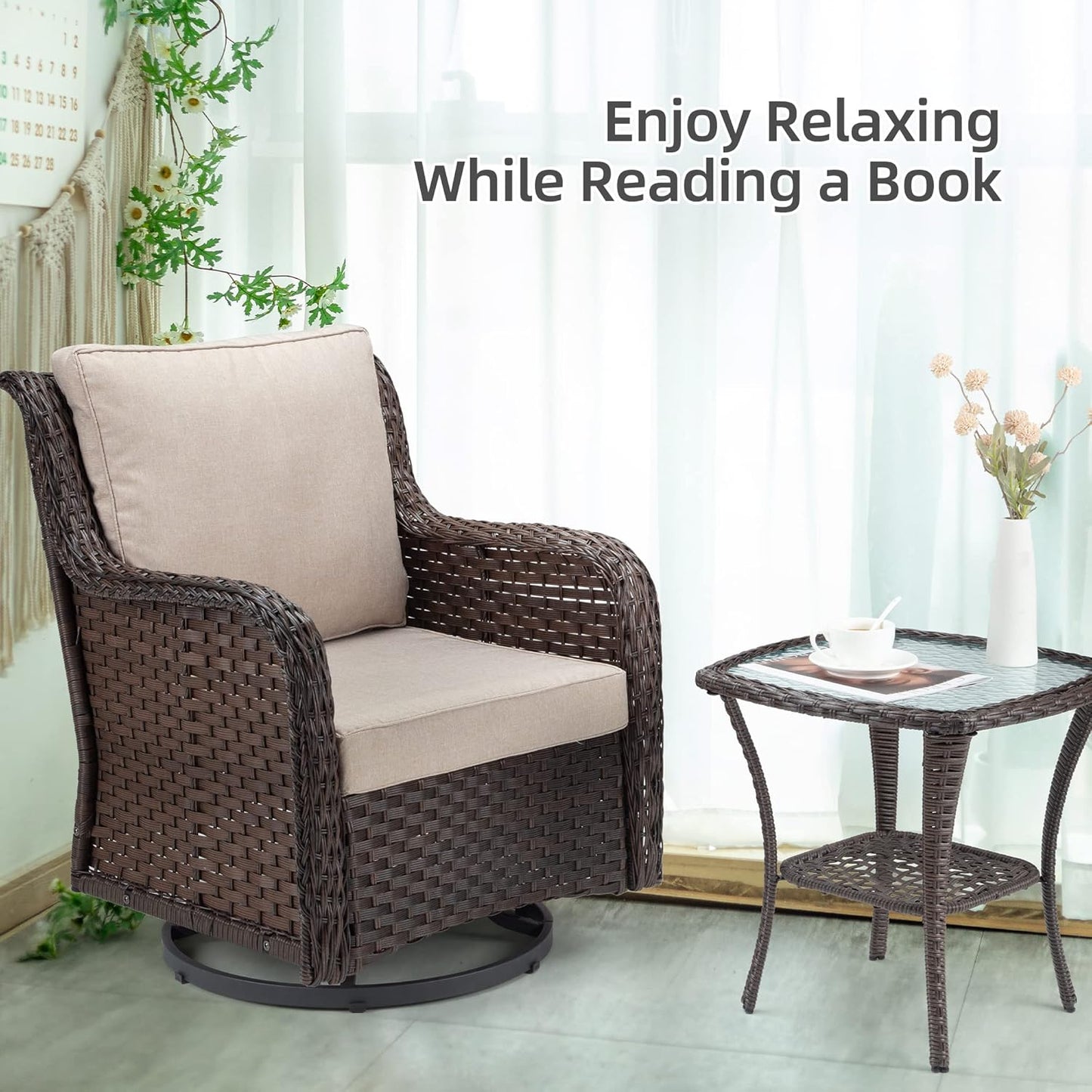 Towallmark Outdoor Swivel Wicker Glider Patio Chairs with Table Set, 3 Pieces Outdoor Bistro Set with 4”Thick Cushions and Coffee Table for Porch, Balcony, Deck (Beige)