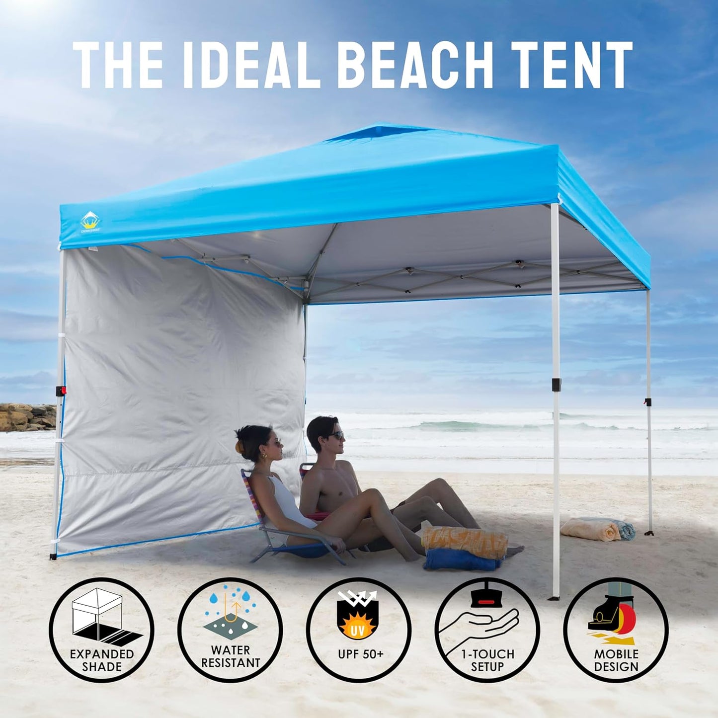 CROWN SHADES 10x10 Pop Up Canopy with 1 Side Wall - Beach Tent with One Push Setup - Outdoor Sun Shade for Events, Parties, Camping - Gazebo with STO-N-Go Cover Bag (Sky Blue)