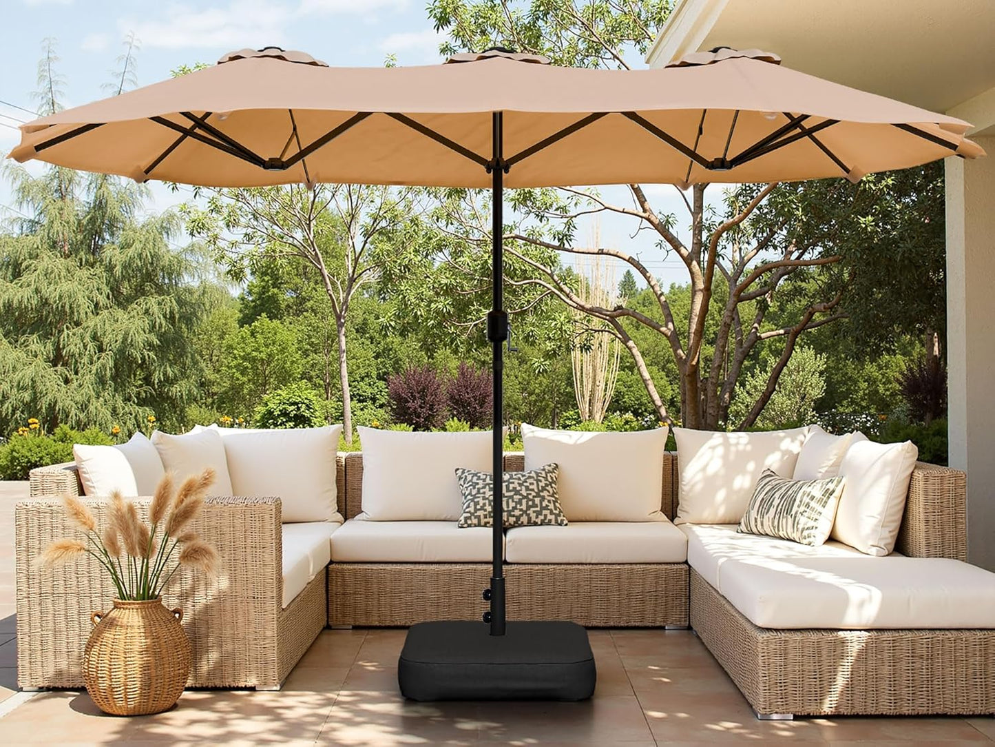 Shintenchi 16FT Large Patio Umbrella with Base, Outdoor Double-Sided Rectangular Umbrella, Market Umbrella with Crank Handle for Poolside Lawn Garden, Khaki