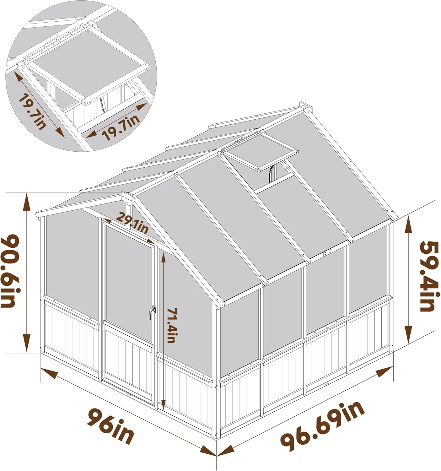 MUPATER 8' x 8' Wooden Polycarbonate Greenhouse with Ventilated Window & Lockable Door, 6mm Polycarbonate Panels for UV Protection, Walk-in Greenhouse for Outdoors, Patio, Backyard, Brown