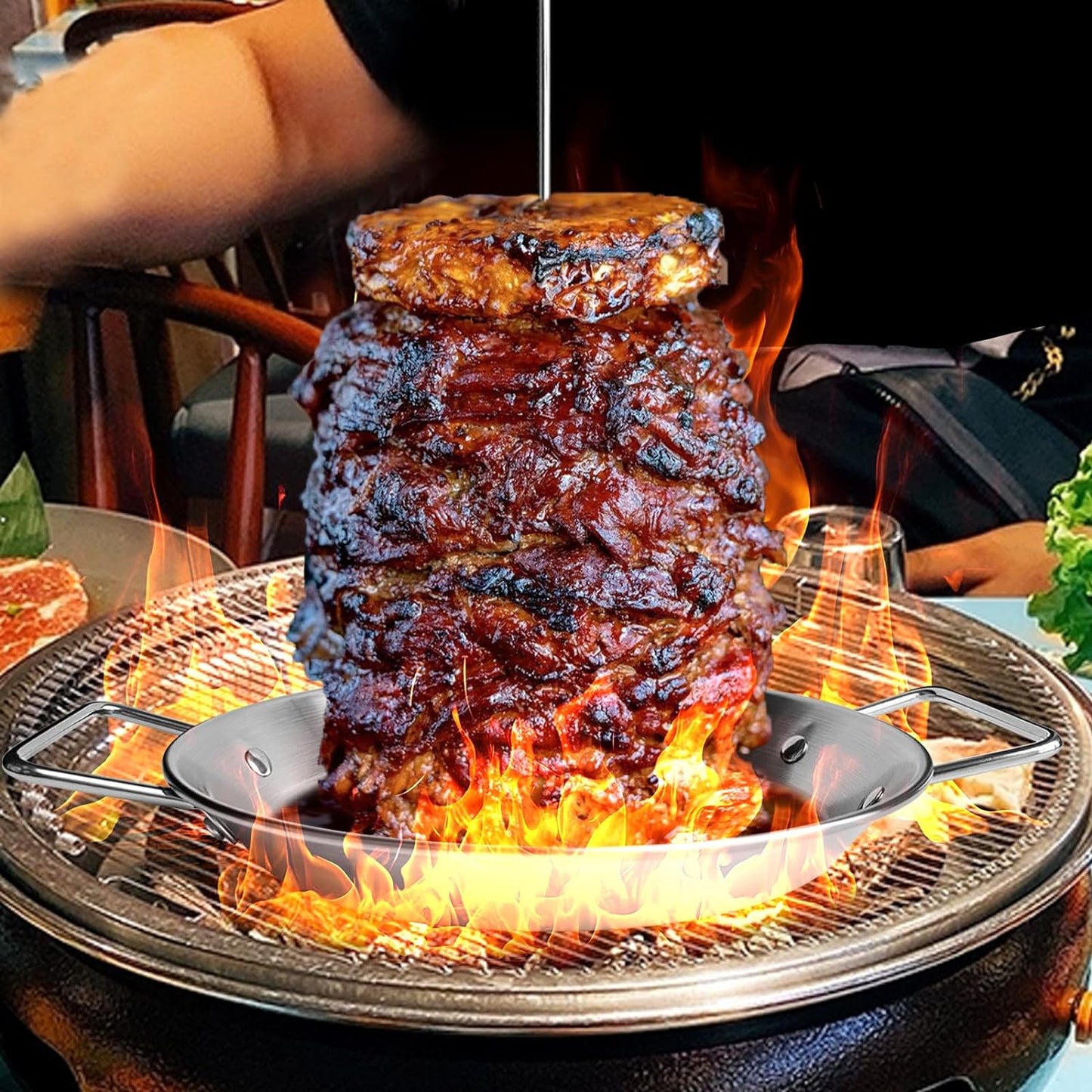 Fengzhe Al Pastor Skewer for Grill：Stainless Steel Vertical Stand, Brazilian Spit Stand with removable 3 Spikes, 2 Brushes, Anti-scalding Fittings, Fat Separator Tray, for Tacos Al Pastor, BBQ