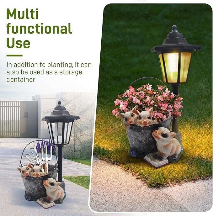 Outdoor Pigs Statues Solar Sculptures with Solar Lights and Flowerpot Funny Garden Decor Animal Figurines Resin Outdoor Statues for Patio Yard Lawn Balcony Gifts