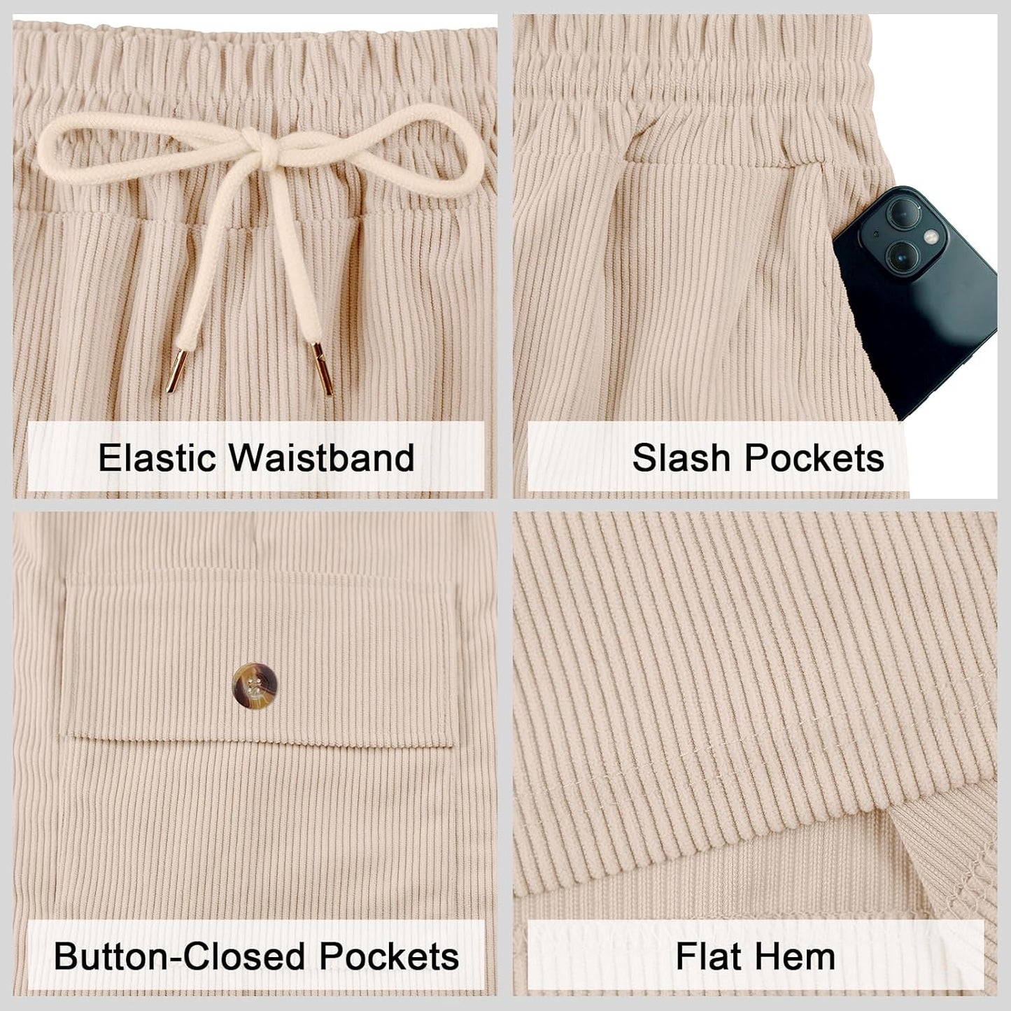 Mens Cargo Shorts Casual Drawstring Elastic Waist Corduroy Summer Beach Shorts with Pockets