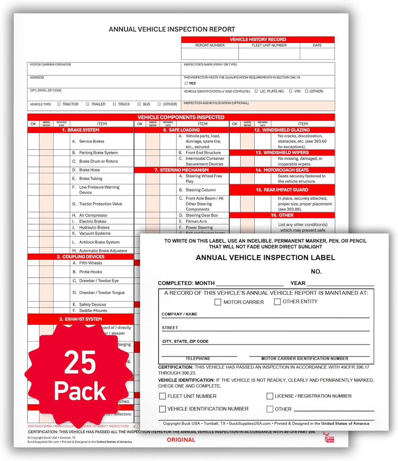 25 Pack 3-Ply Carbonless Annual Vehicle Inspection Report Forms with FMCSA 2-Ply Mylar Laminate Adhesive Vinyl Labels, DOT Inspection Forms and Stickers, Shrink-Wrapped, 8.5" x 11.75" - Made in USA