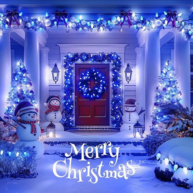 Brightown C9 LED Christmas String Lights, 66ft 100 LED Waterproof Strawberry String Lights, Plug-in Extendable Green Wire Lights String for Outdoor Outside Patio Party Decoration, Blue and White