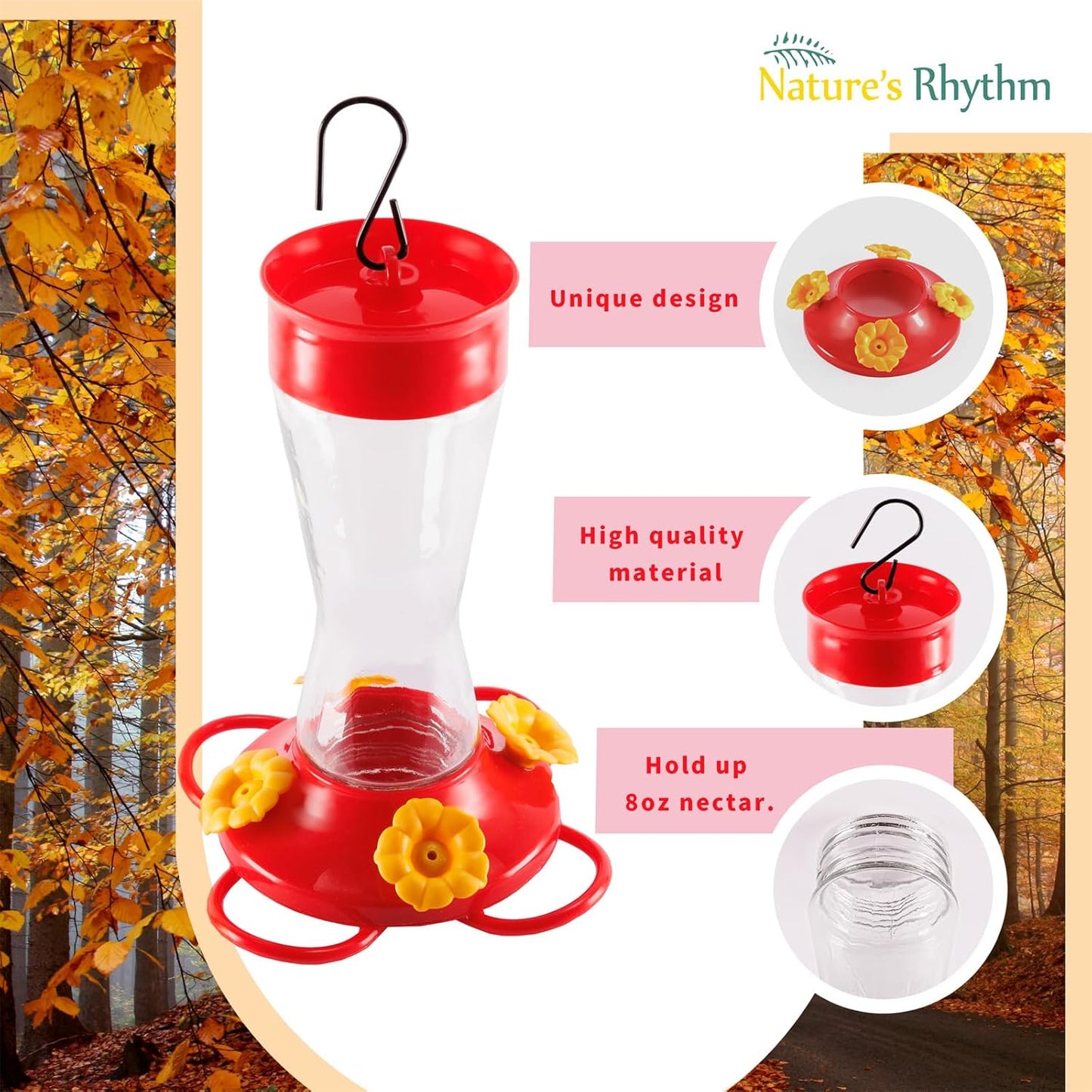 Nature's Rhythm Bird Feeder 4 bee Guard Plastic Yellow Flowers Feeding Port 8oz Glass Pinch Waist Hummingbird Feeder (2Pcs)