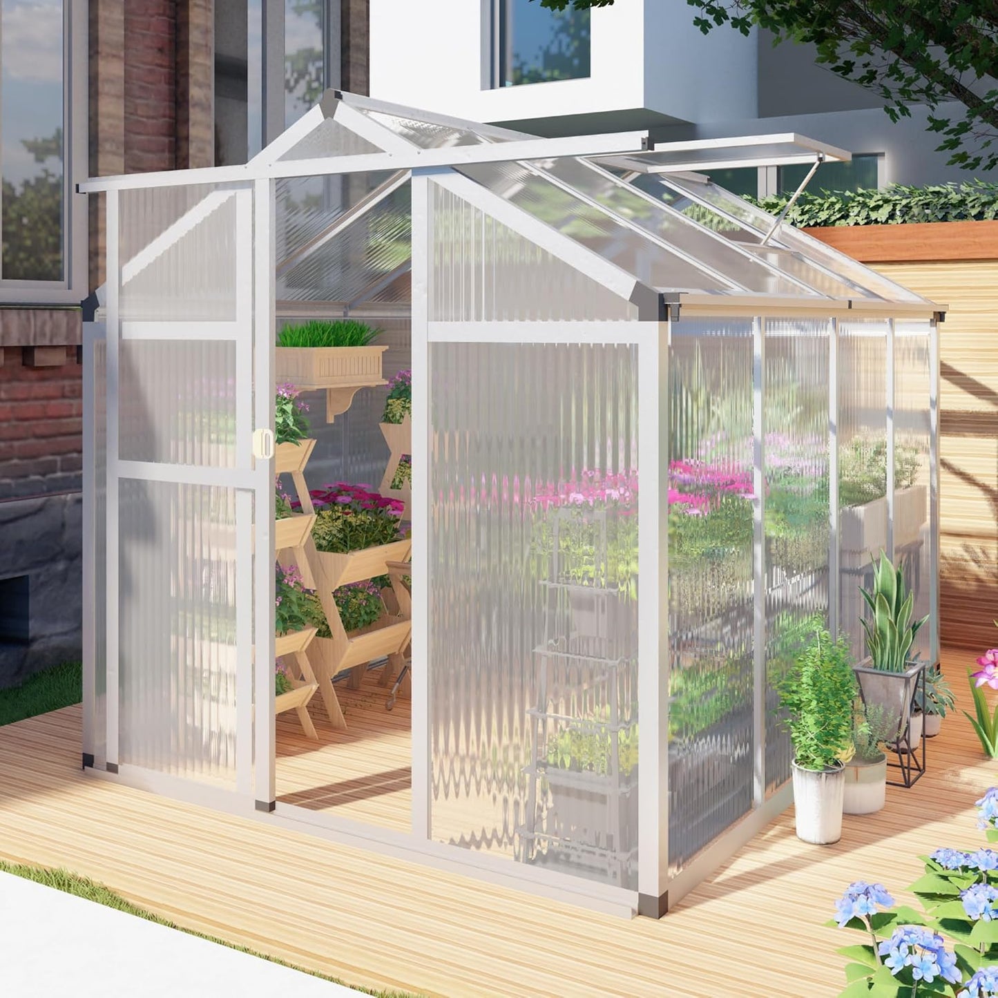 Aluminum Greenhouse for Outdoors, 6 x 8 FT Polycarbonate Walk-in Greenhouse with Quick Setup Structure and Adjustable Roof Vent, Silver