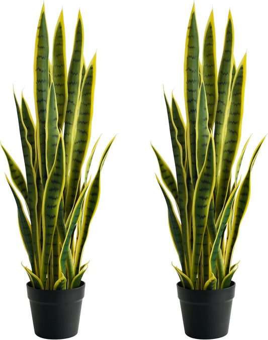 Fake Snake Plant 3ft Tall Faux Sansevieria with 24 Realistic Leaves UV Resistant Potted 2 Pack Fake Mother in Law's Tongue Plants for Indoor Outdoor Home Office Bedroom or Patio Decoration, Yellow