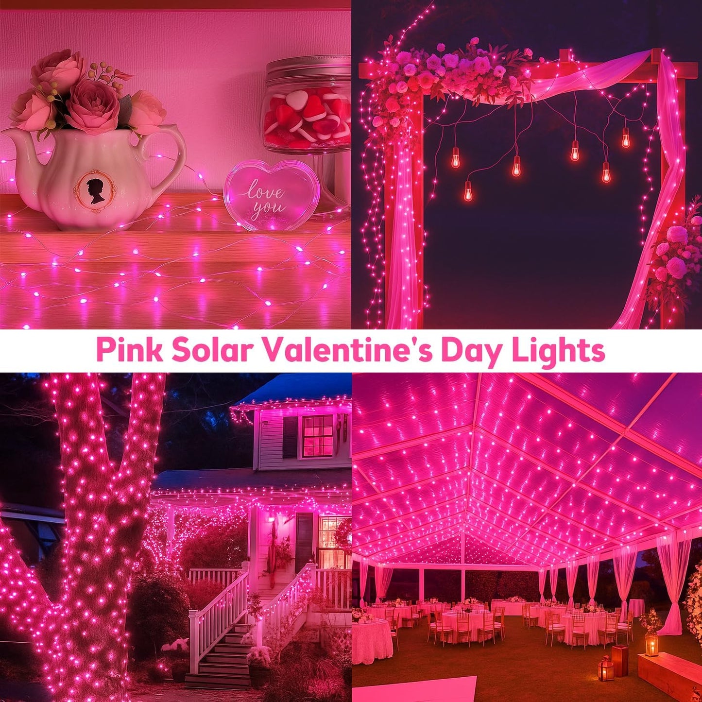 SANJICHA Pink Extra-Long Solar String Lights, 2-Pack 400 LED Solar Valentine Day Lights, Waterproof Copper Wire 8 Modes Solar Twinkle Fairy Lights for Mother's Day Tree Garden Party Wedding (Pink)